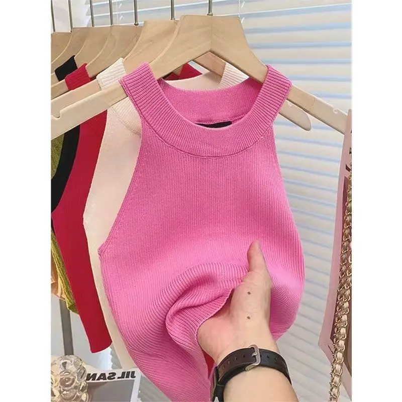 Frauen Solide Rundhals Rippen Tank Top Leibchen Frauen Sommer Grundlegende Elastische 2026 O Neck Solide Tank Top