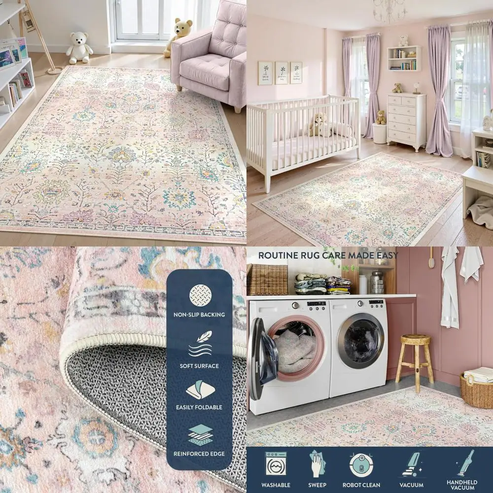 

Floral Pastel Pink Boho Area Rug, 5x7 Feet, Washable for Girls' Bedroom, Kids' Room, Living Room, Non-Slip