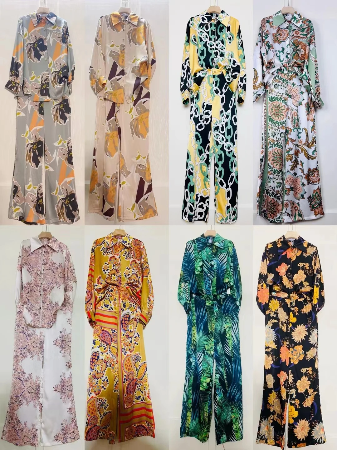 Vintage geometric print lapel loose shirt two-piece set 2024 Spring women\'s new + high-waisted wide-leg pants fashion set