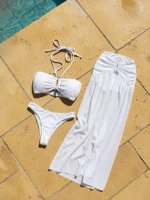 Halter Neck 3 Piece Bikini Set with Sheer Split Maxi Skirt Sexy White Summer Beach Dress Vacations Outfits Pool Party Wear K236 - Image 4