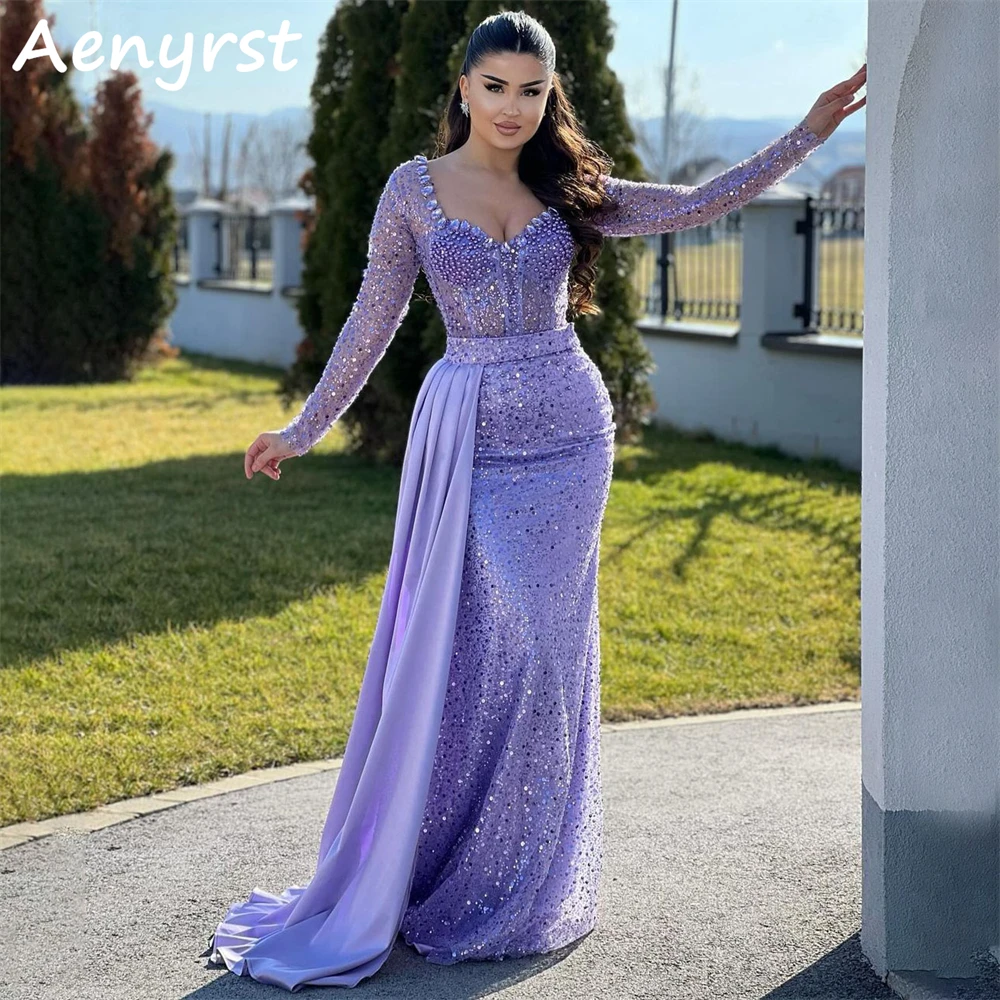 

Aenyrst Shiny Purple Sequined Sweetheart Prom Dresses Mermaid Crystal Evening Gowns Floor Length Wedding Guest Dresses For Women