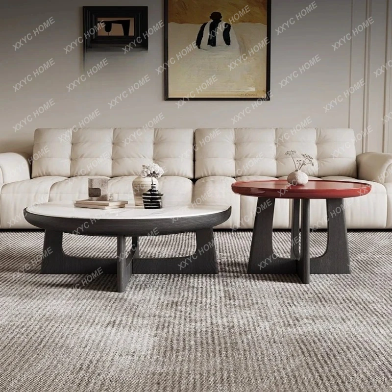 

L Medieval small apartment microcrystalline stone round light luxury coffee table combination