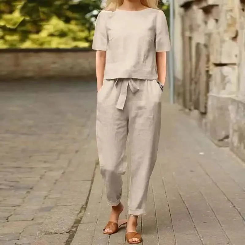 

Women's Cotton Linen Suit Half-sleeved Round Neck Tie Elastic Waist Trousers Wide-leg Pants Retro Fashion Casual Two-piece Set