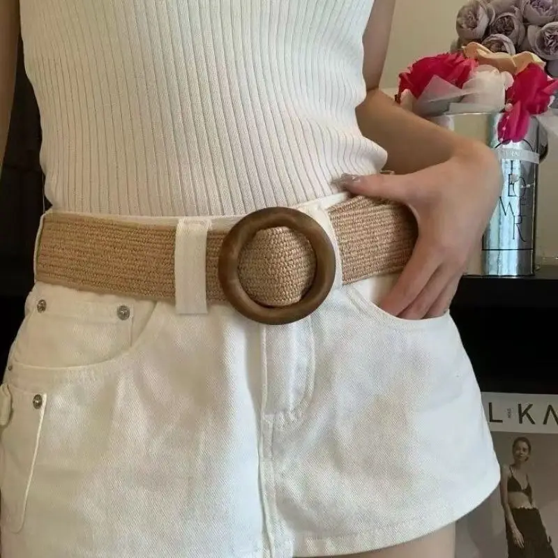 Bohemian-style women's waist belt - Raffia & PP grass mixed-color braided belt for spring, summer and vacation