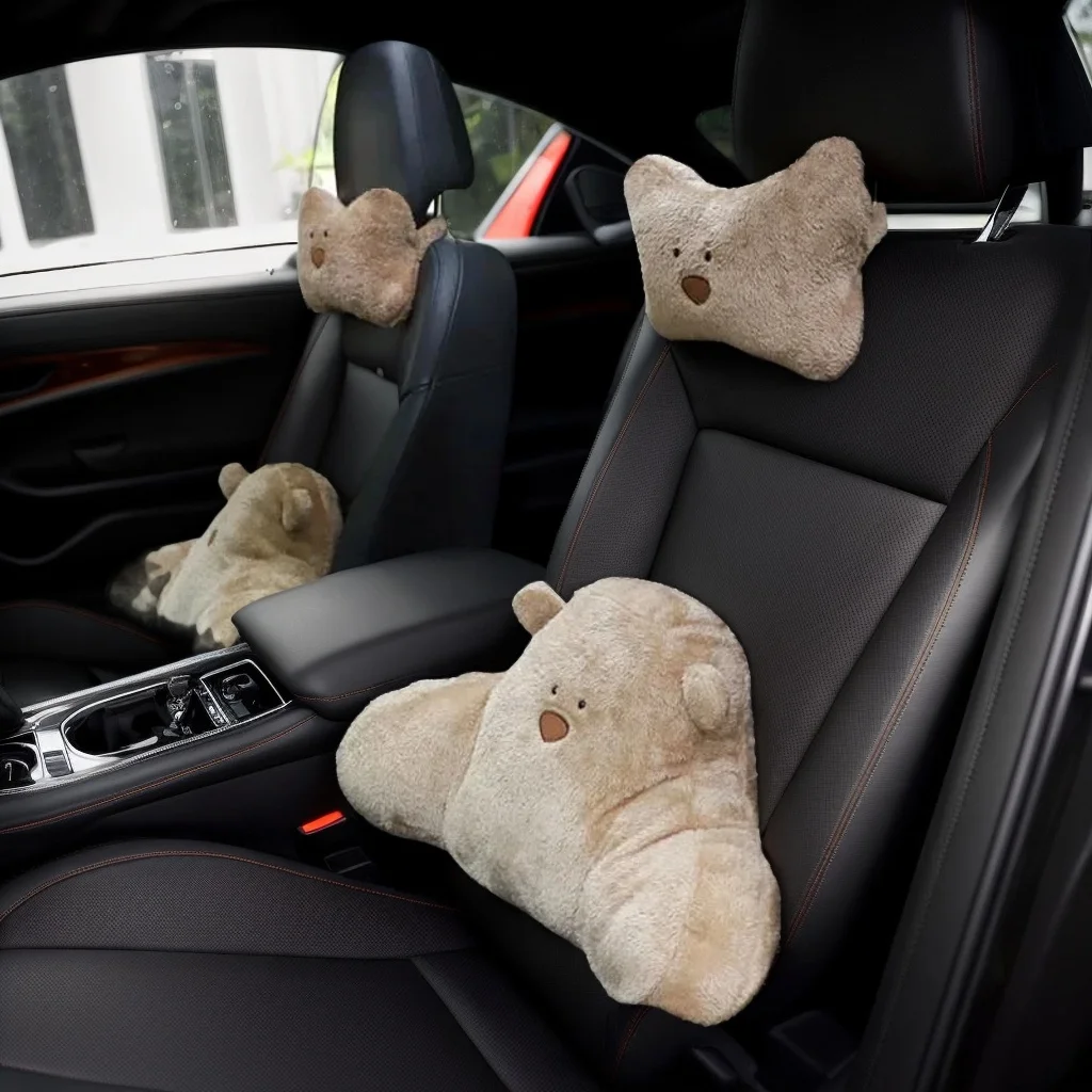 

Plush Car Headrest - Cartoon Bear Lumbar Cushion with Neck Pillow for Comfort Accessory