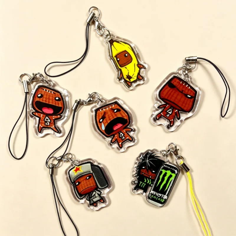 LBP Sackboy Acrylic Phone Charm - Cute LittleBigPlanet Character Pendant with Lanyard, Funny Gamer Keychain & Bag Accessory