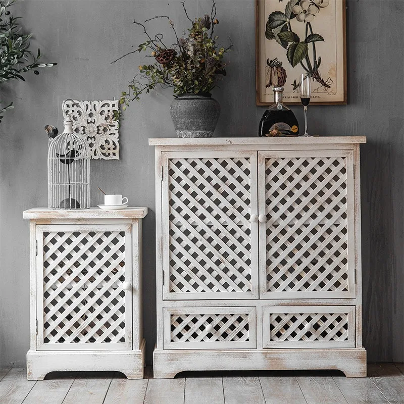 Retro solid wood grid hollow locker, home TV cabinet, B & B dining side cabinet