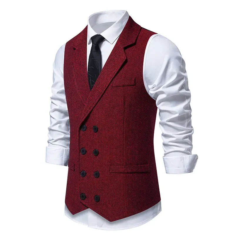 Fashion Men\'s Tweed Casual Vest Slim Fit Leisure double-breasted Herringbone Business Coffee Waistcoat Blazer Mens Clothing