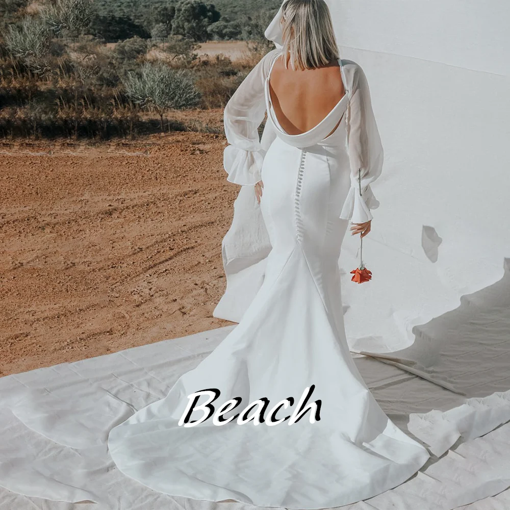 Vestidos de novia de talla grande con cuello en V profundo para la playa, botones para ocasiones, sirena, Color sólido, mangas largas, sin espalda, encantador hasta el suelo