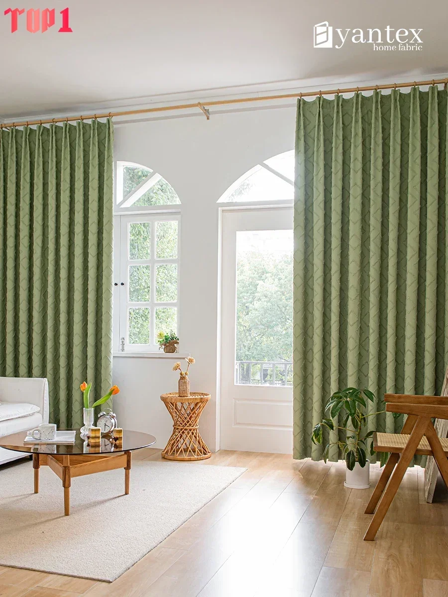 

Flocked Fringed Matcha Green Cotton Linen Lattice Curtains for Living Room Floor Curtains Bedroom Window Partition Customized