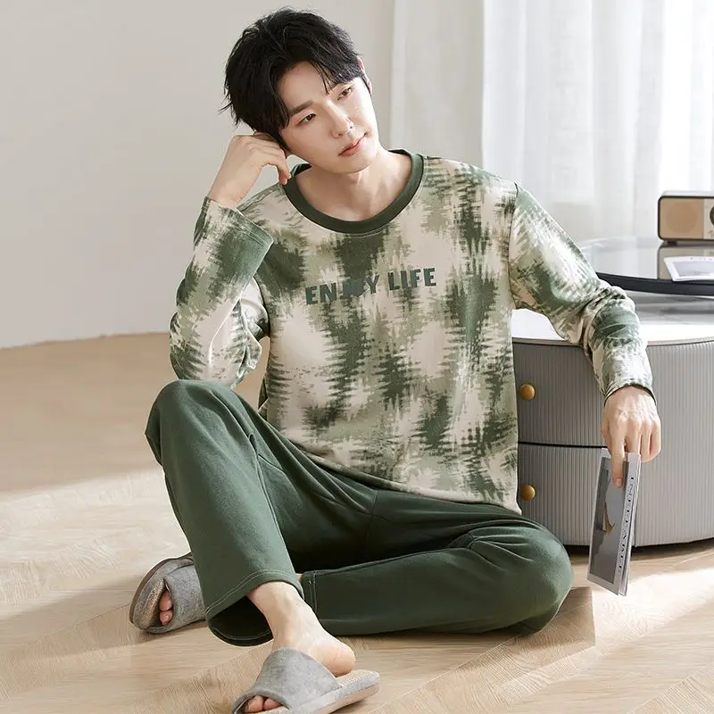 أطقم بيجامات قطنية 100% بأكمام طويلة لخريف 2025 للرجال ملابس نوم كورية فضفاضة عالية الجودة ملابس منزلية للرجال ملابس منزلية #2