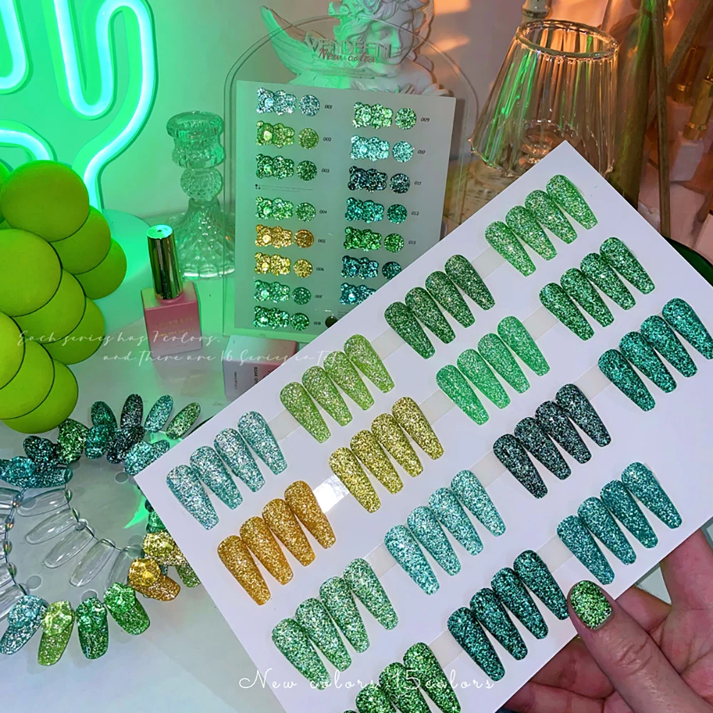 Vendeeni TPO HEMA FREE 15 Farben Grüner Glitzer Broken Diamond Gel Nagellack Set Flash UV LED Soak Off Gel Lack mit Display – Detail 9
