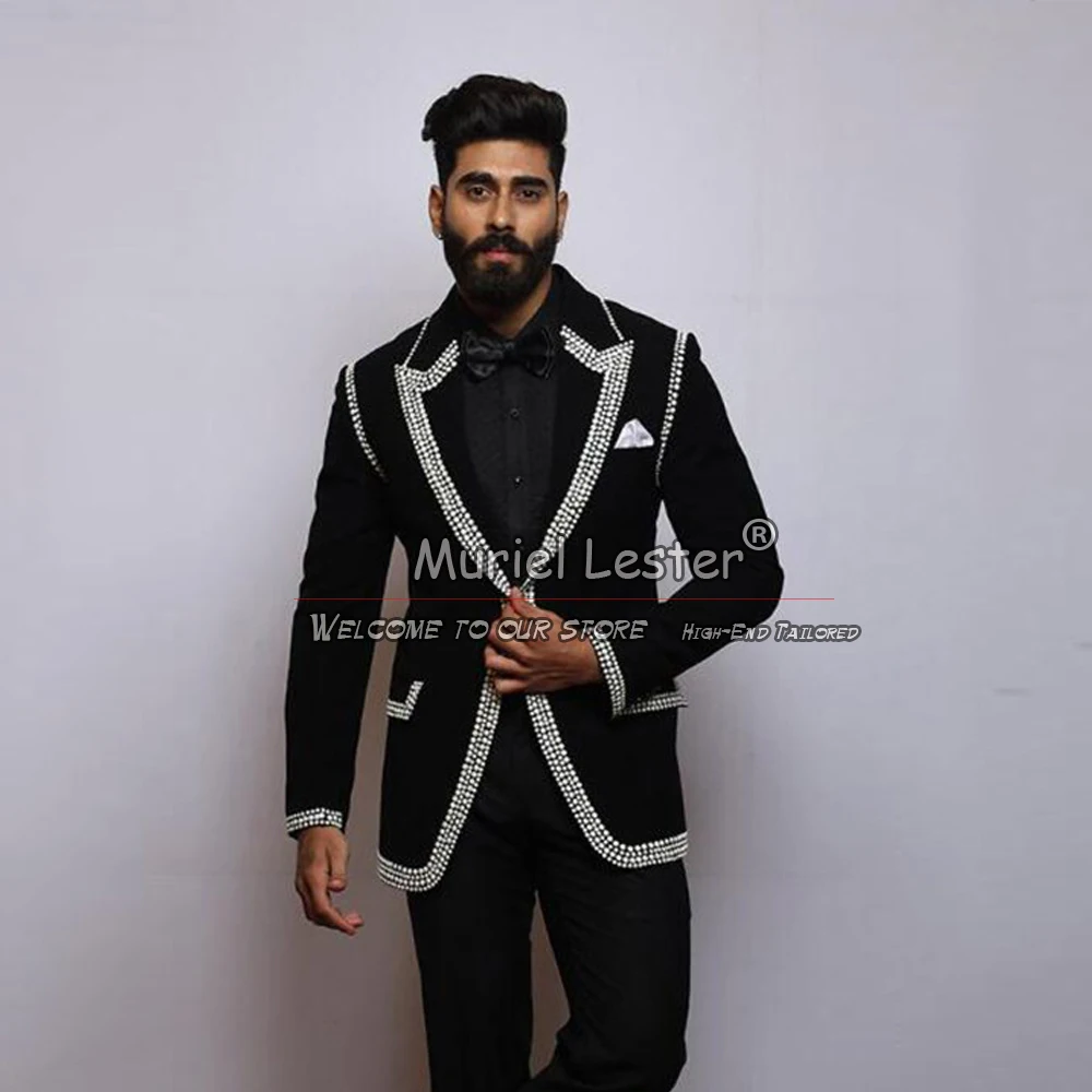 

Beaded Men Suits Peaked Lapel Luxury Groom Tuxedos 2 Pieces Sets Man Prom Party Banquet Blazers Custom Made Black Business Dress