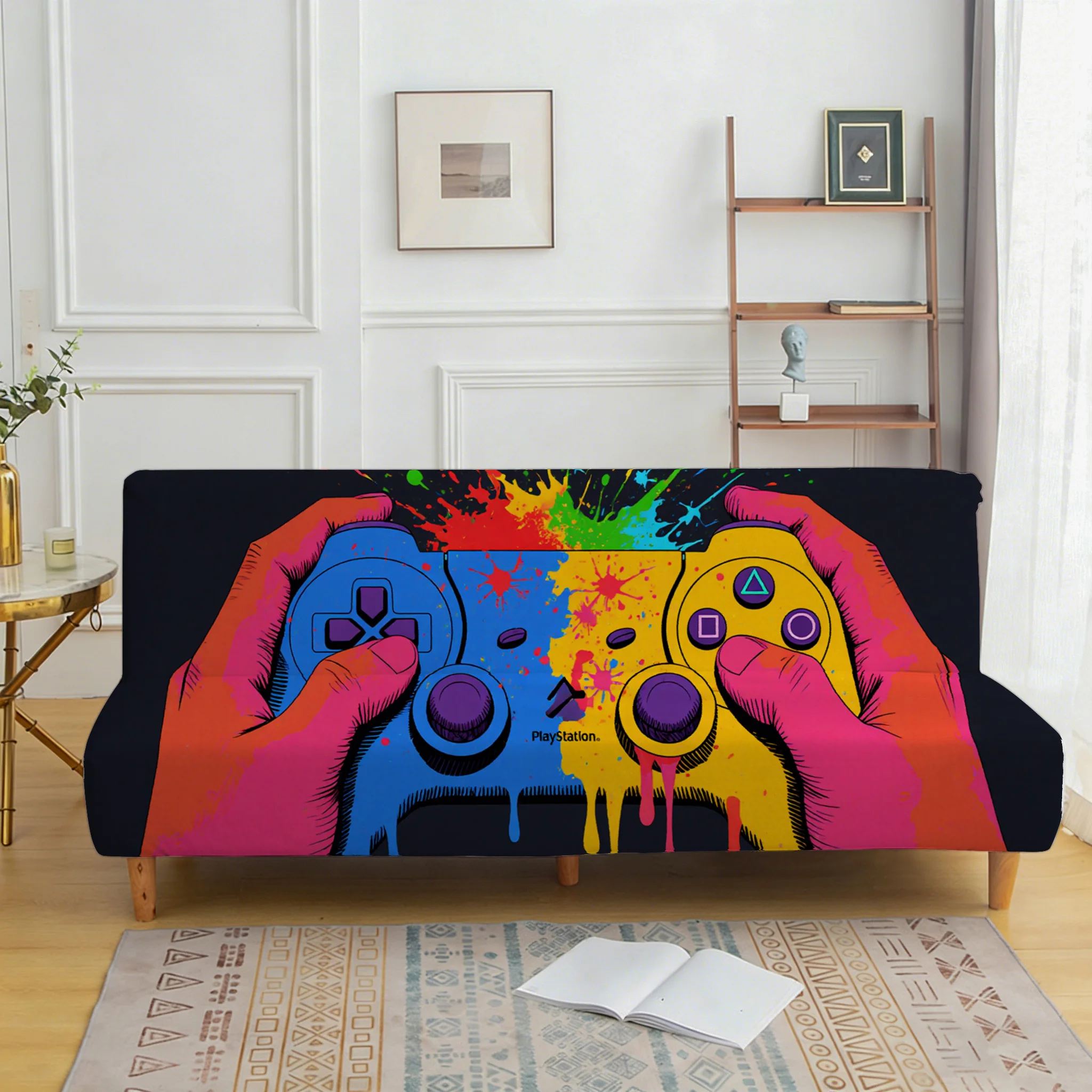 Tide play graffiti gamepad elastic sofa cover, living room sofa cover, dustproof washable sofa cover