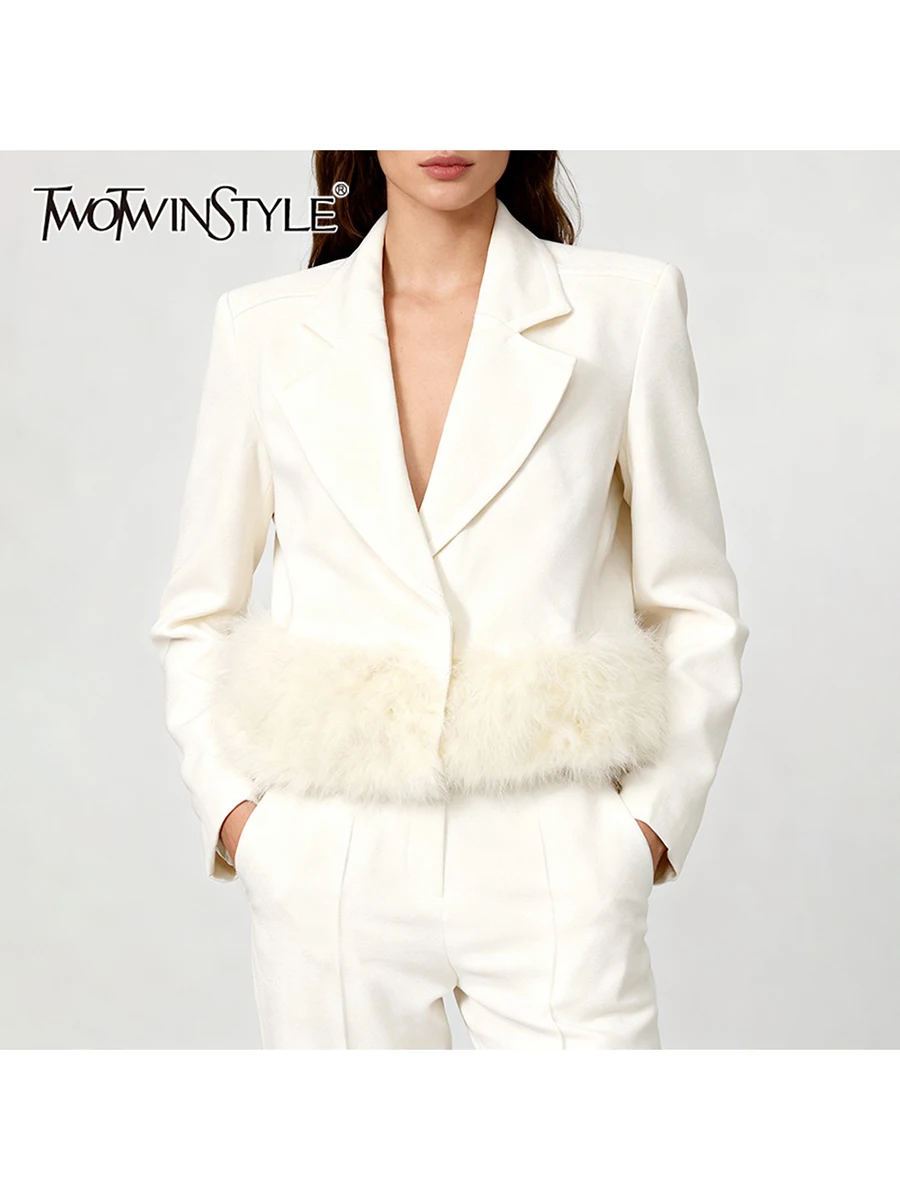 

TWOTWINSTYLE Solid Loose Spliced Plush Minimalist Blazers for Women Lapel Long Sleeves Temperament Short Blazer Female Clothing