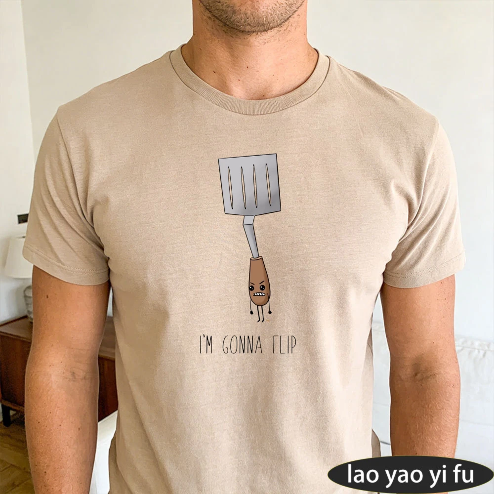 I'm Gonna Flip Angry Grilling Spatula Cartoon Graphic Men Summer T Shirt Backyard BBQ Grill Master Funny Short Sleeve Garment