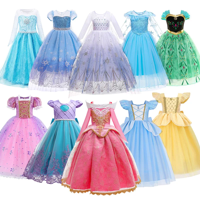 Disney Princess Dress Girls Elsa Anna Dress Kids Rapunzel Cinderella Aurora Flower Disguise Cosplay Christmas Carnival Costume