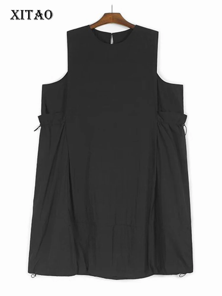 

XITAO O-neck Sleeveless Drawstring Pocket Female Dress Loose Casual Solid Color A-line Women Summer Simple Trend Dress GYX1647