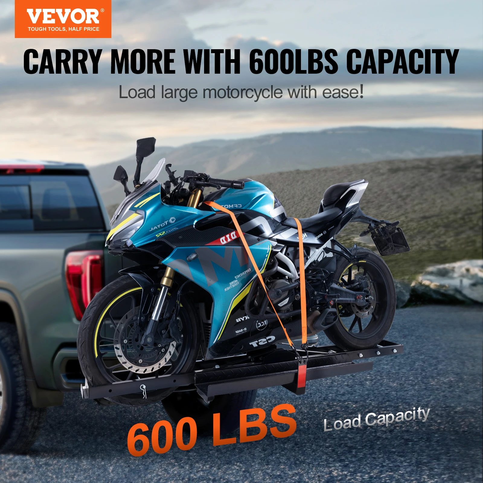 VEVOR Motorcycle Carrier Motorcycle Carrier Hitch Mount with Loading Ramp Scooter Dirt Bike Trailer Hauler with Ratchet Straps