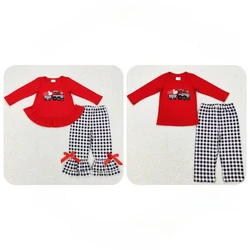 Wholesale Boy Girl Valentine's Day Embroidery Hearts Truck Cotton Shirt Kids Plaid Pants Children Set Pajamas Children Outfit