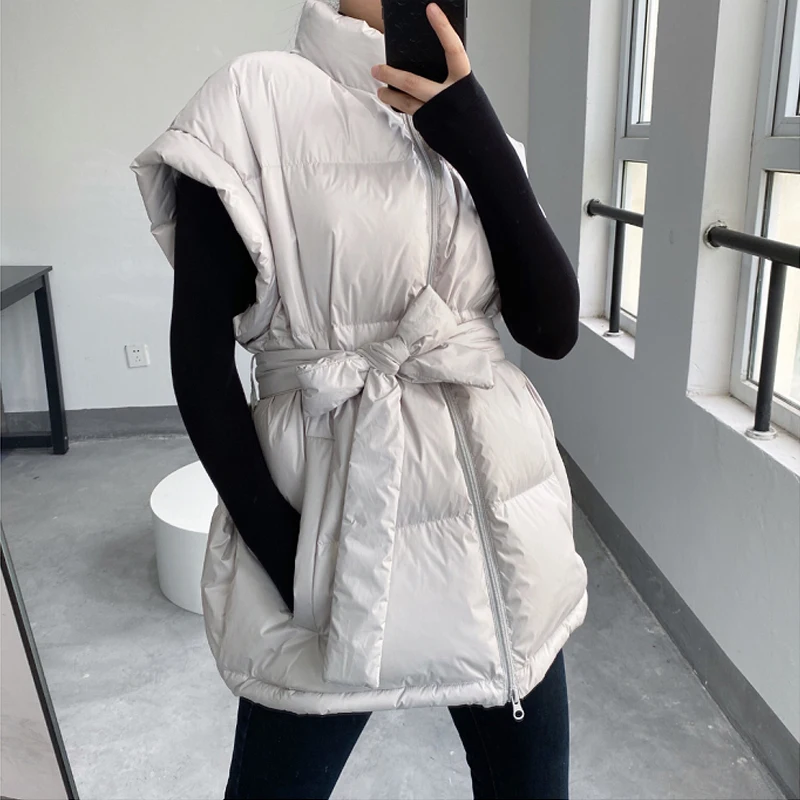 Korean Women Winter sleeveless vest Oversized Casual High neck Down jacket with sashes 2022 Autumn Ladies clothes INKEO 2O175