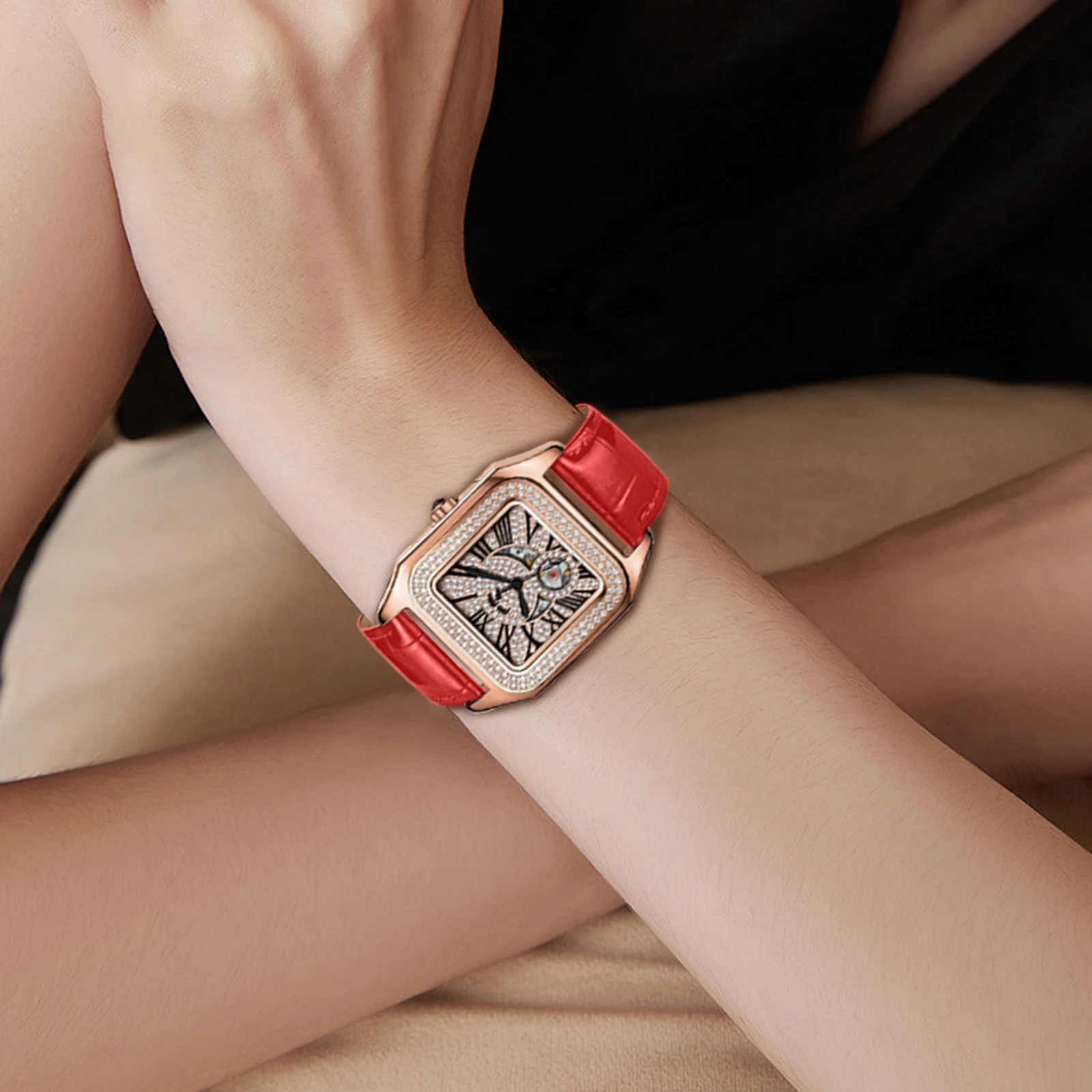 ساعة فولي فولي للسيدات بمينا ذهبي وردي وألماس أوتوماتيكية مع أرقام رومانية وحزام جلدي فاخر للسيدات #6