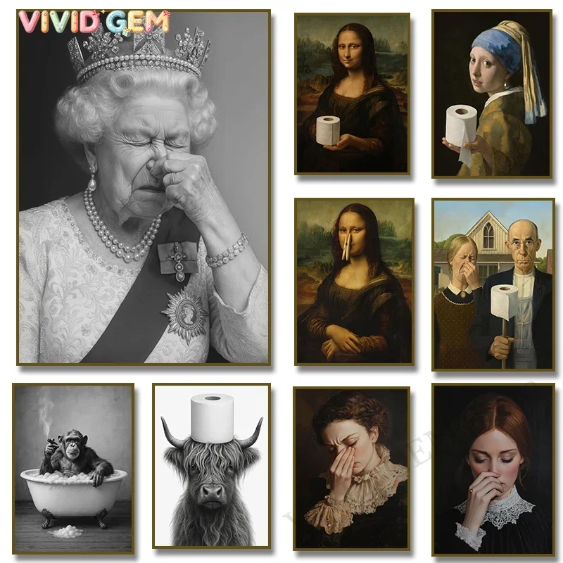 Funny Bathroom Victorian Woman Portrait Poster Canvas Painting Prints Wall Art Picture Toilet Humor Amusing Gift Home Decor