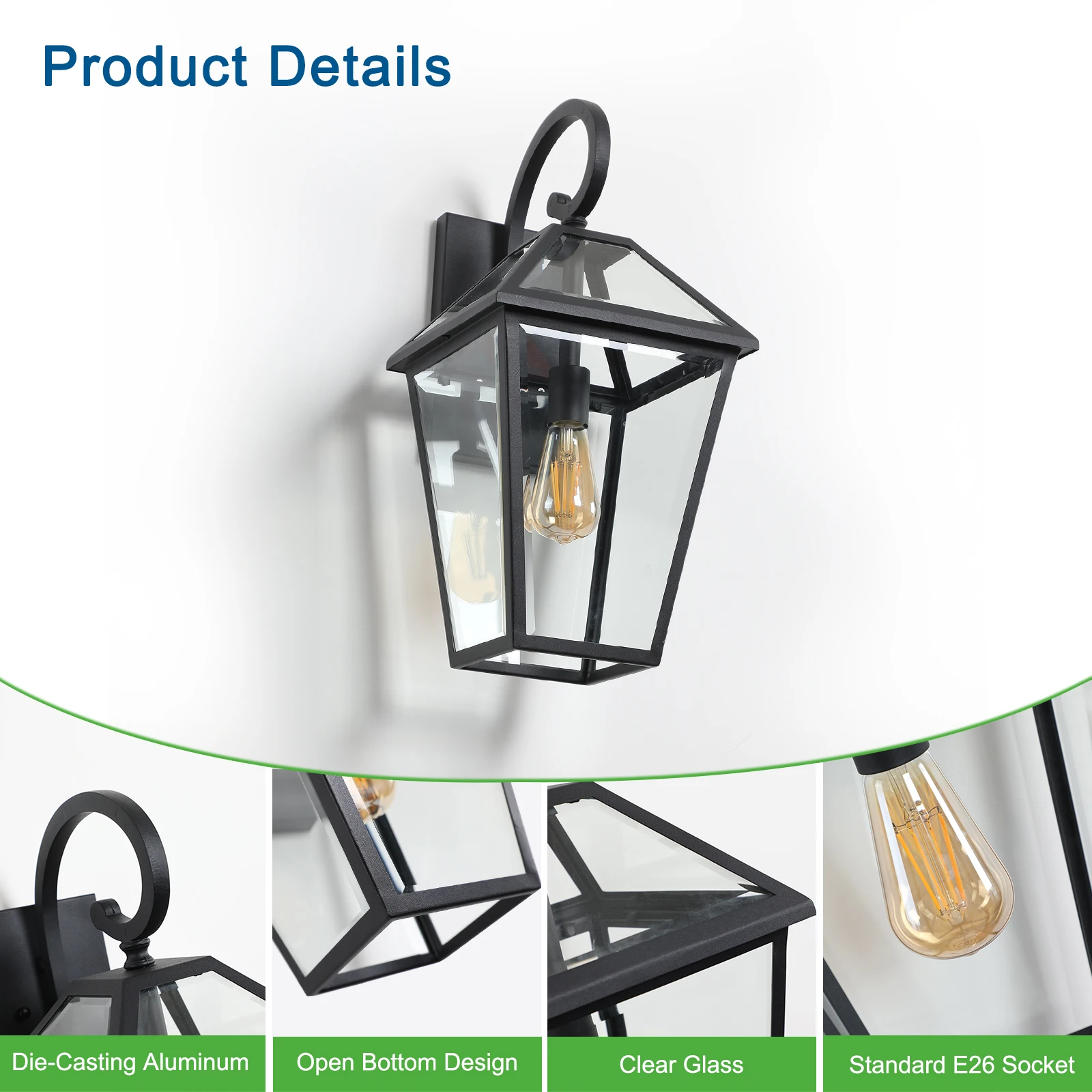 Outdoor wall light, classic black decorative outdoor light with transparent glass panel, waterproof external lighting equipment