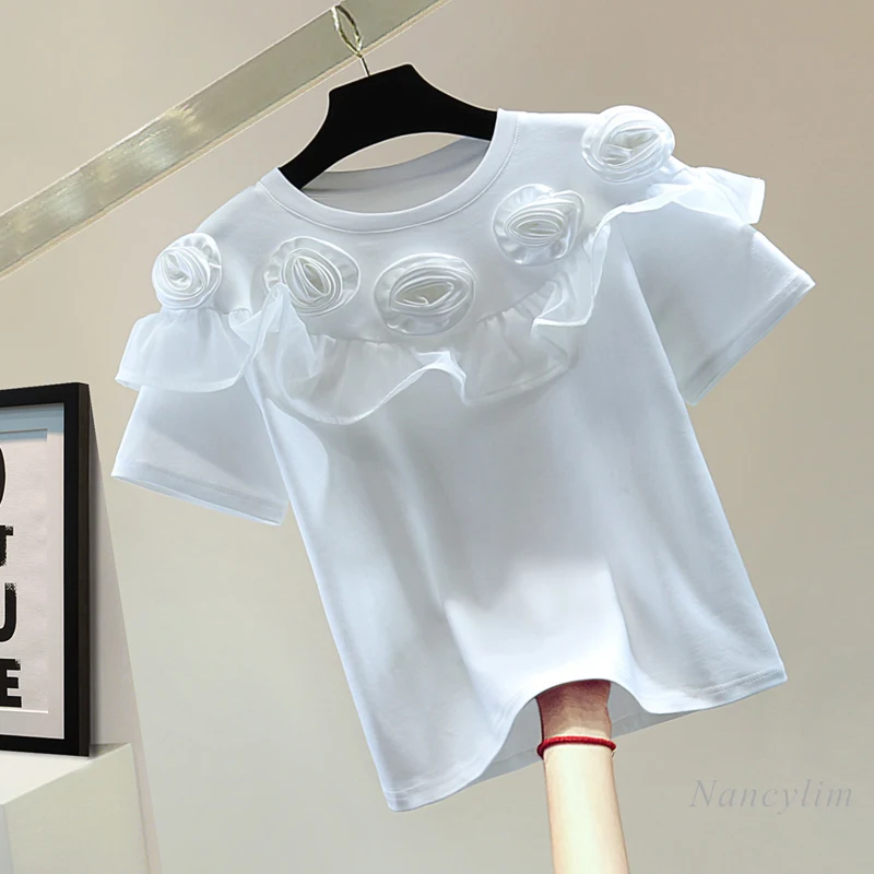 

Lotus Leaf Splicing Round Neck Short-sleeved T-shirt Woman 2025 Spring and Summer Three Dimensional Flower Straight Top White T