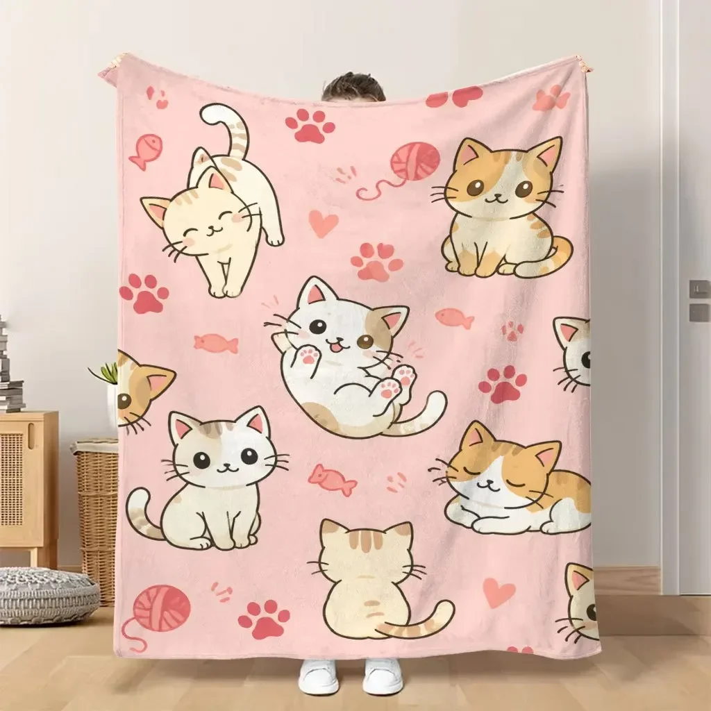 Cute Cartoon Kitten Pink Flannel Blanket Cat Paw Fish Yarn Ball Print Throw Soft Warm Blanket Sofa Bedroom Home Room Decor