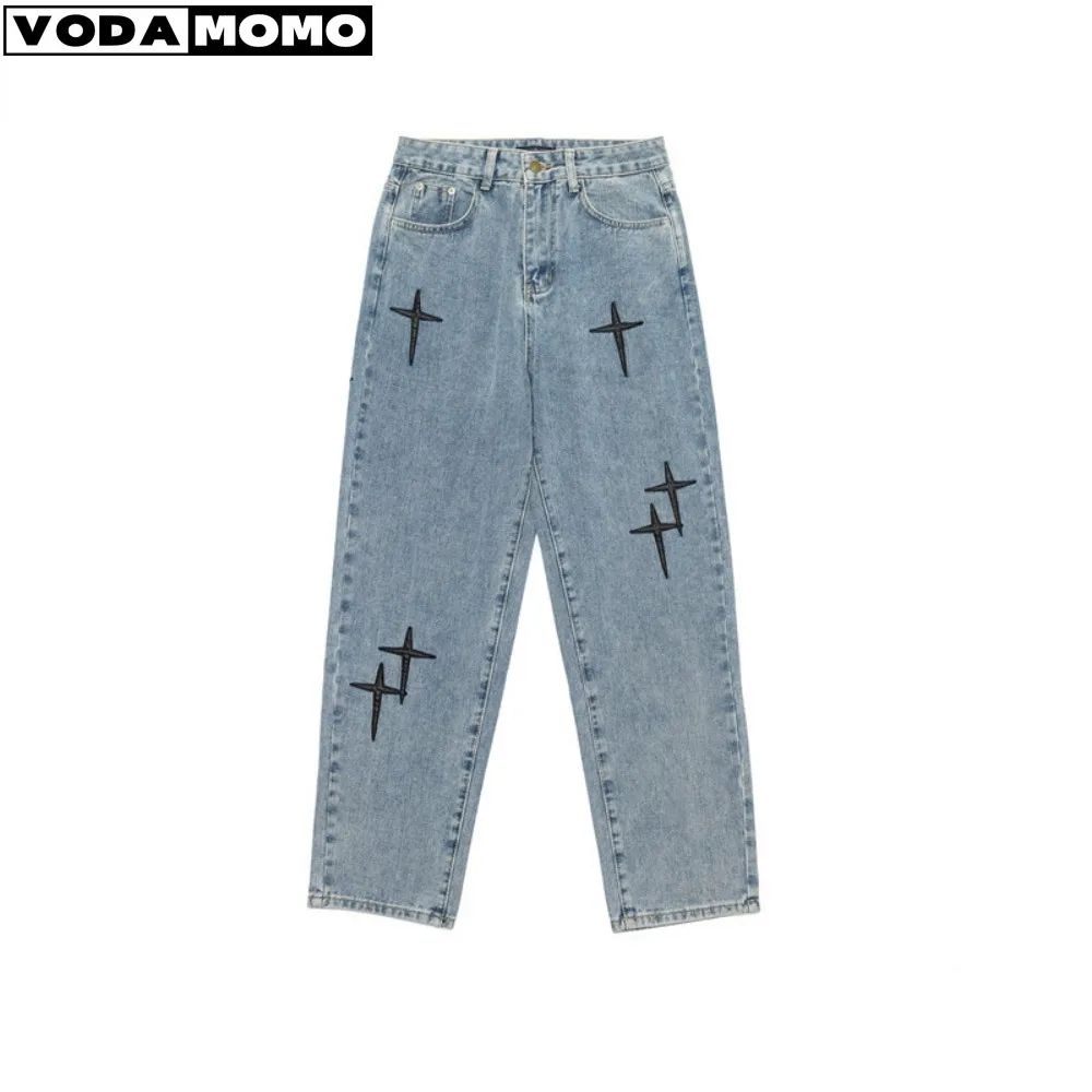 2024 Loose Solid Color Star Print Mid Waist Ankle-length Drawstring Fashion Jeans men Straight Pants with Pockets Men Clothing