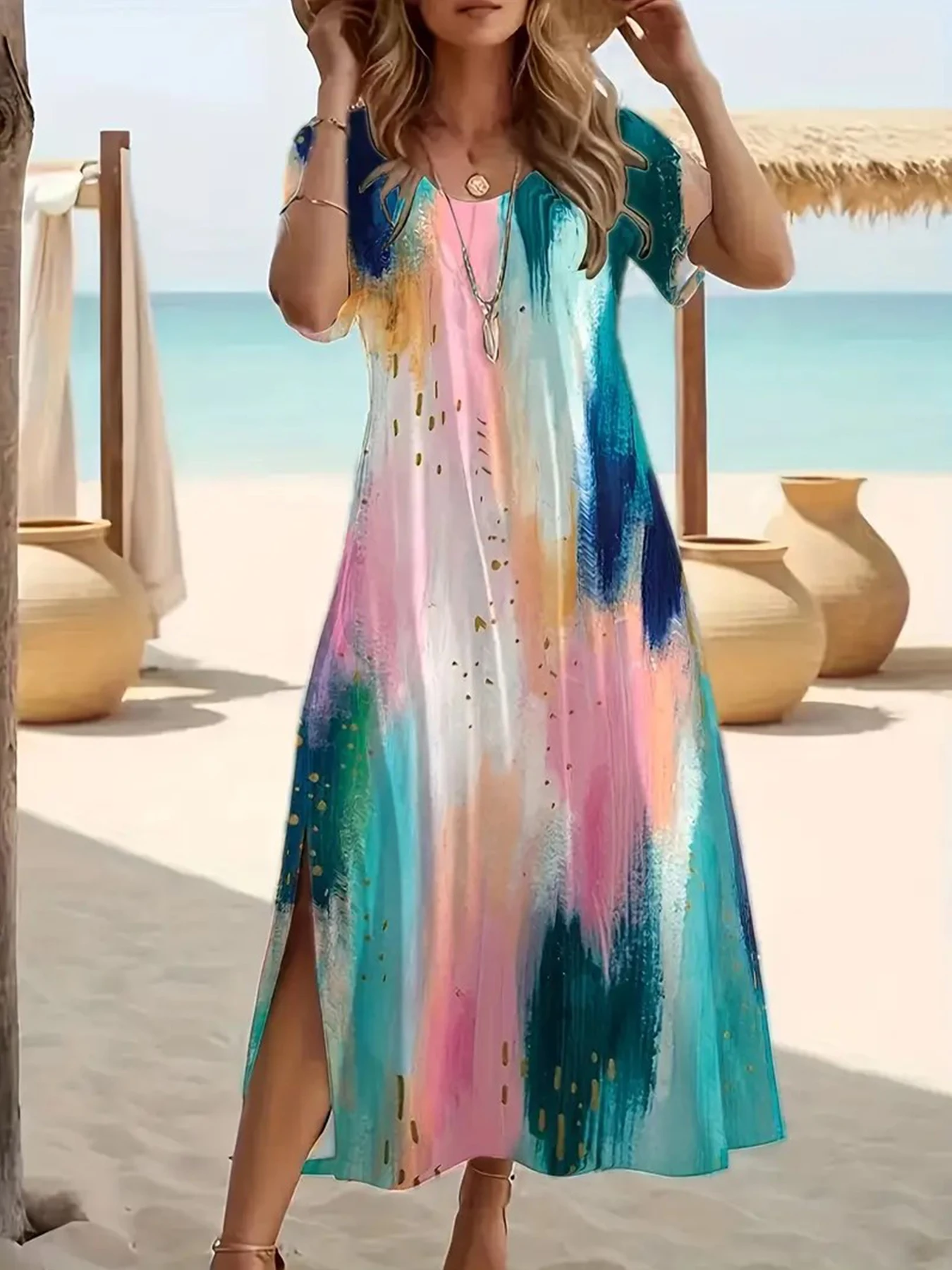 

Women's Summer Dress with Side Split Casual Short Sleeves V Neck Maxi Sundress Elegant Women's Loose Fitting Beachwear