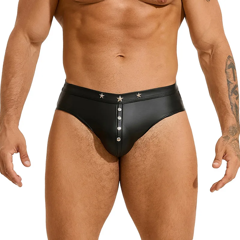 Men Underwear Black Sexy PU Faux Leather Rivet Briefs Punk Trend Triangular Style Underpants Men's Panties Slips and Thongs Men