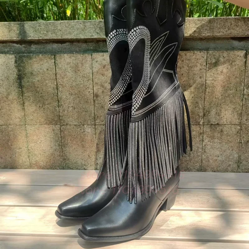 Women Embroidery Tassels Wedge Boots Shiny Crystal Swan Pattern Leather Knee High Boots Lady Party Luxury Fashion Western Shoes