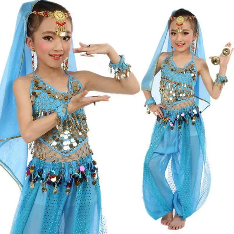 

Детская одежда для индийских танцев для девочек, детский костюм для танца живота в Болливуде, костюм для практики танца, комплект из 5 предметов, сценический костюм