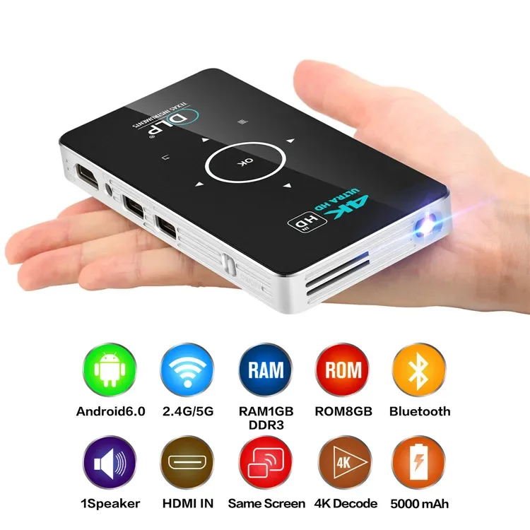 Yinzam P06 Mini Portable Projectors,Touch Panel 5000mAh Power Bank Outdoor Support 4K Video 3D Android 9 BT5 2GB/32 GB Beamer