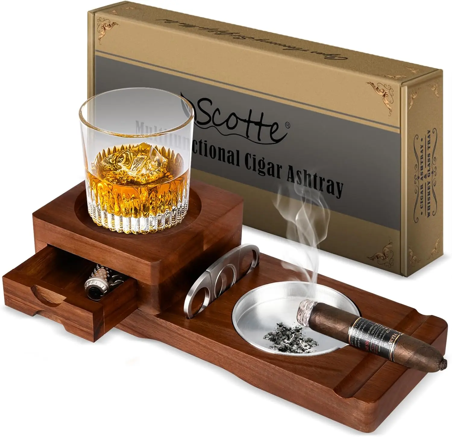 

Wooden Cigar Ashtray with Whiskey Glass Tray, Drawer & Cutter - Ideal for Home, Office, Outdoor Use in Deep Brown