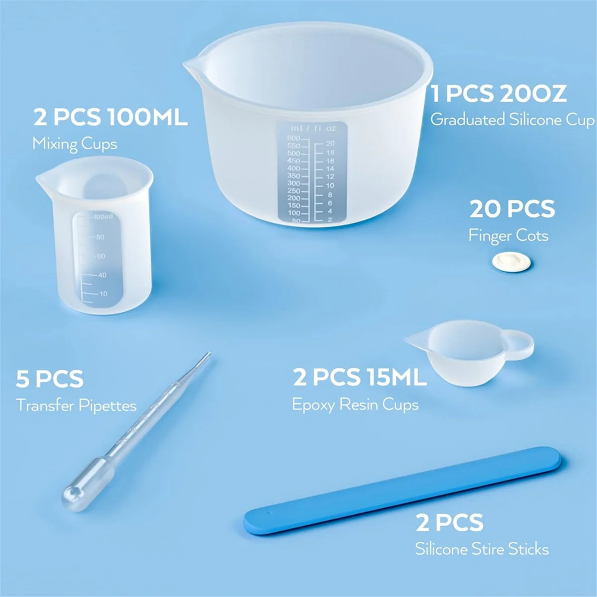 Kit de ferramentas de copos de medição de resina de silicone grande-copo de medida reutilizável de 600ml e 100ml, pipetas de varas de agitação de silicone HY