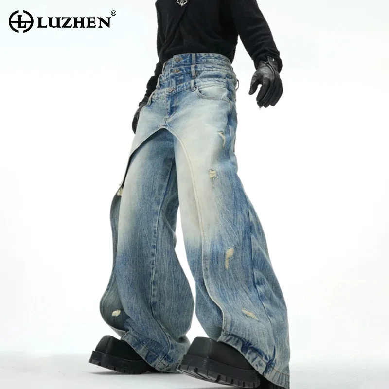 LUZHEN 2025 New Original Vintage Patchwork Leg Design Loose Jeans Men's Fashion High Street Baggy Straight Denim Pants LZ8422