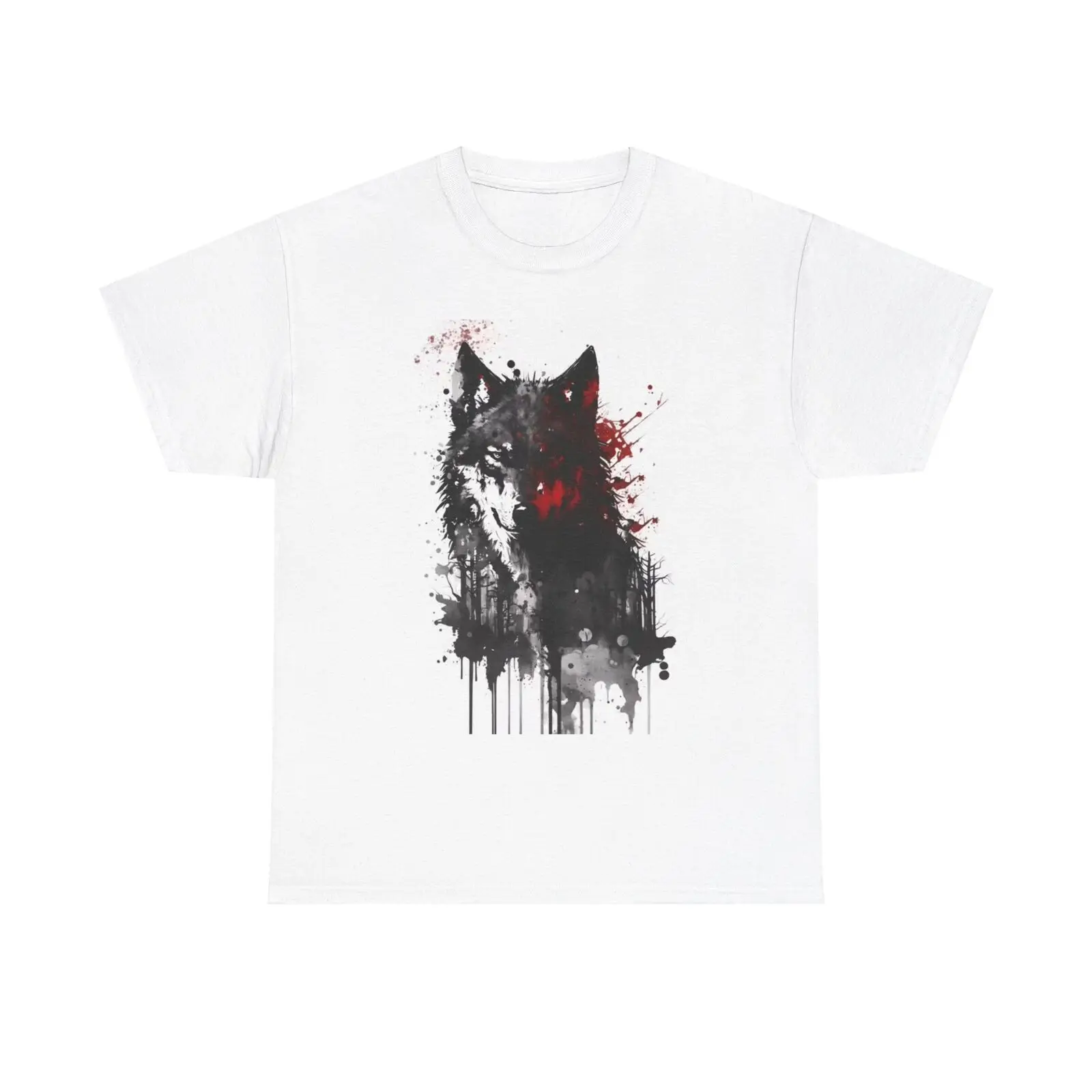 Wolf T Shirt Retro Painting Funny Animal Dogs Heavy Cotton