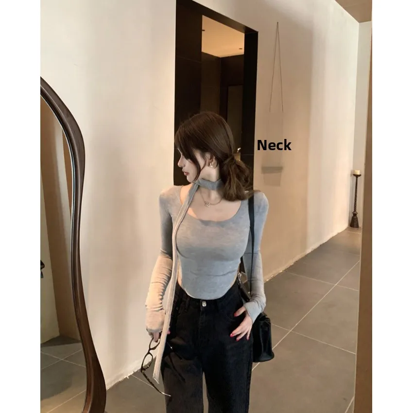 قميص نسائي بأكمام طويلة على الطراز الكوري، تصميم جديد للخريف برقبة على شكل حرف U مع حزام، بلوزة نحيفة بخصر مرتفع وحزام، ملابس... #3