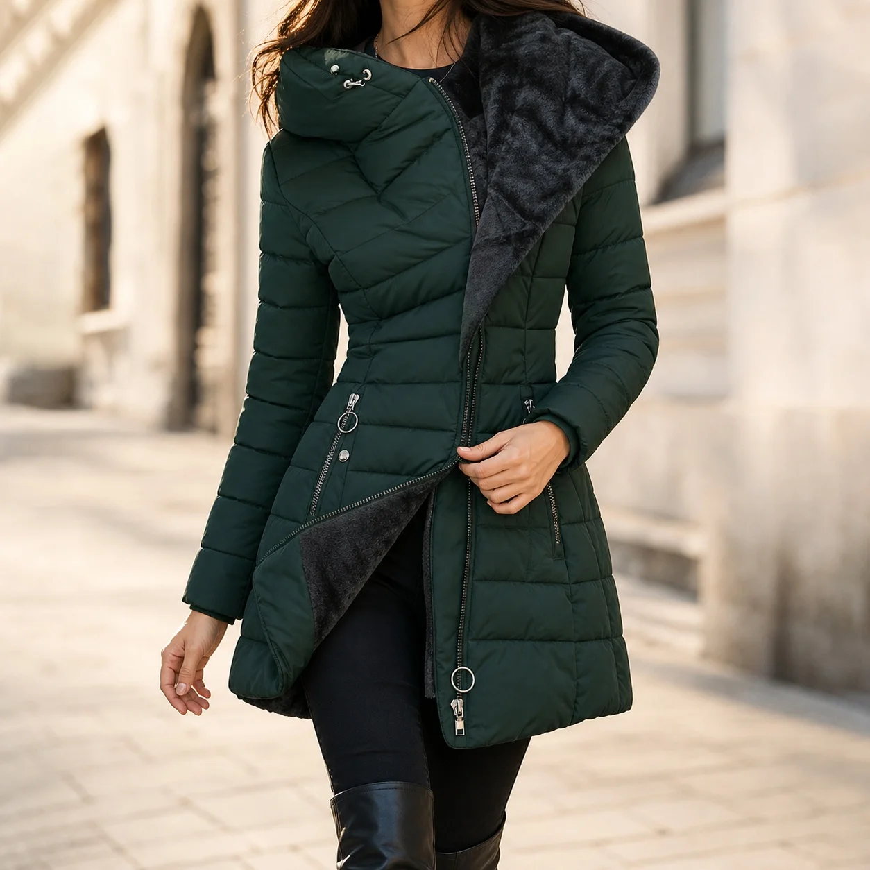 Damen-Daunen- und Parka-Mantel mit Pelzkragen, dick, langärmlig, einfarbig, mit Reißverschluss, lange Länge, Baumwolle, warme Winter-Oberbekleidung