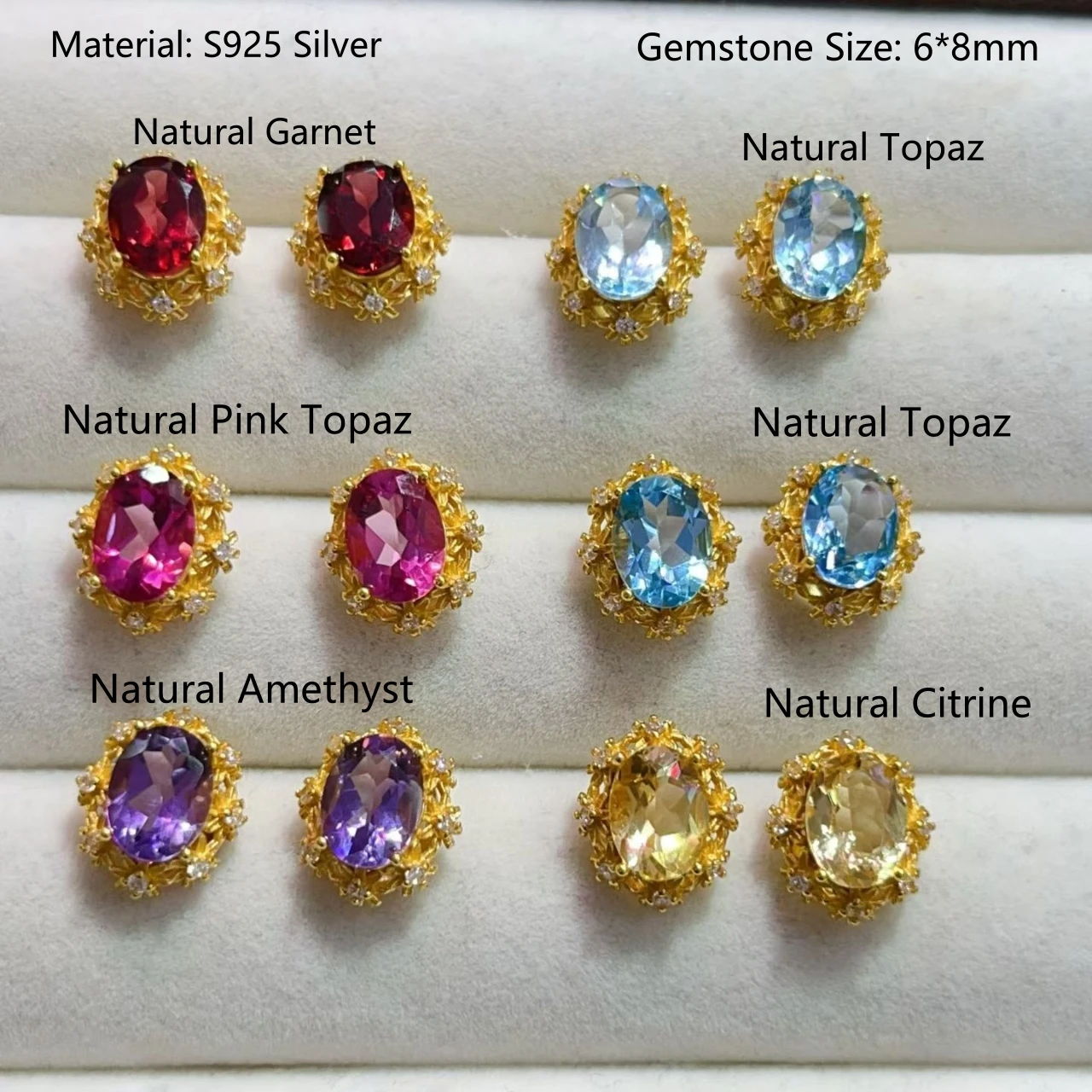 Certificate 925 Silver Natural Gemstone Fine Jewelry Natural Peridot Topaz Garnet Oval Earrings Citrine Amethyst Ear Stud Gifts