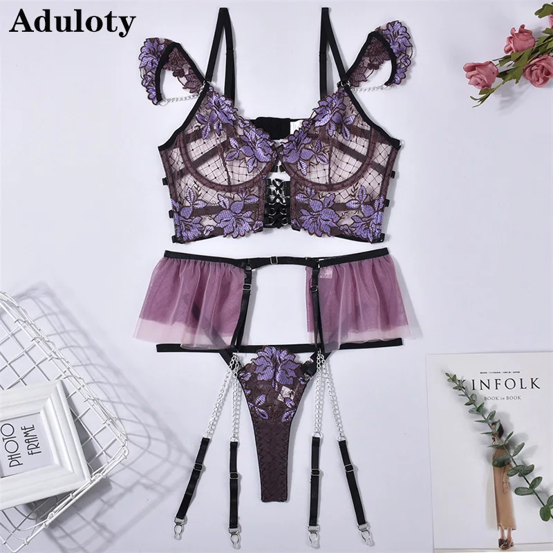 Aduloty Sexy Erotic Lingerie Exquisite Embroidery Large Flower Perspective Metal Chain Decoration Temptation Women Underwear Set