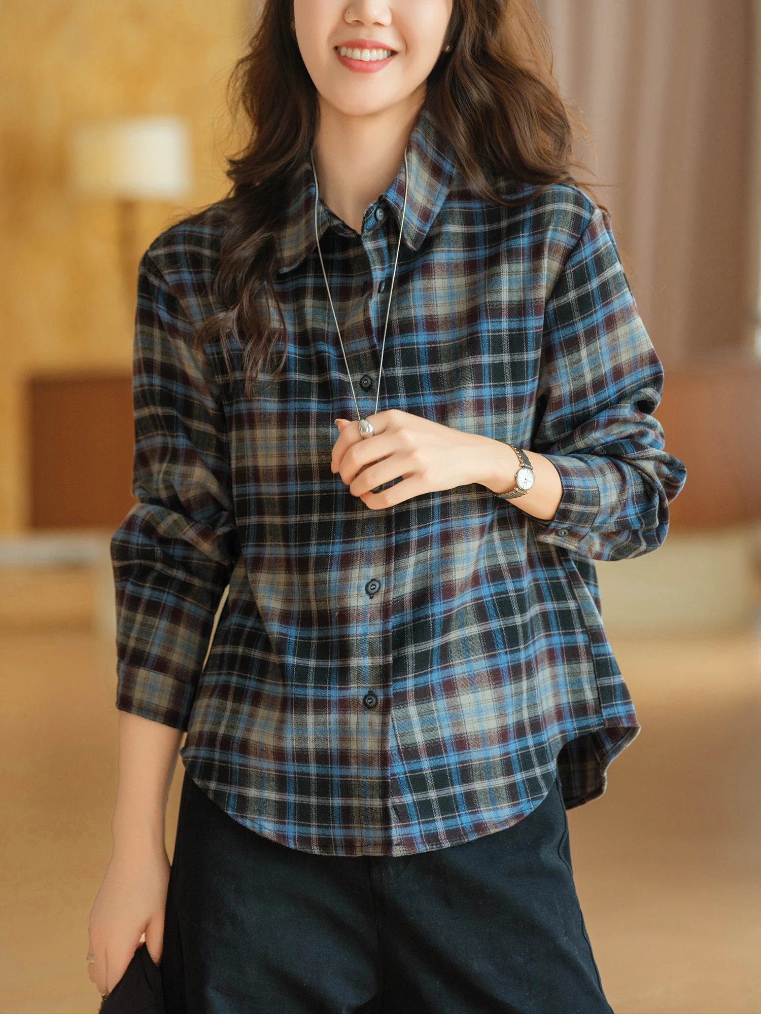 Color Block Weave Plaid Micro Flocking Process Shoulder round Hem Long Sleeve Collar Shirt Women Casual Loose Fit Slimming Ef...
