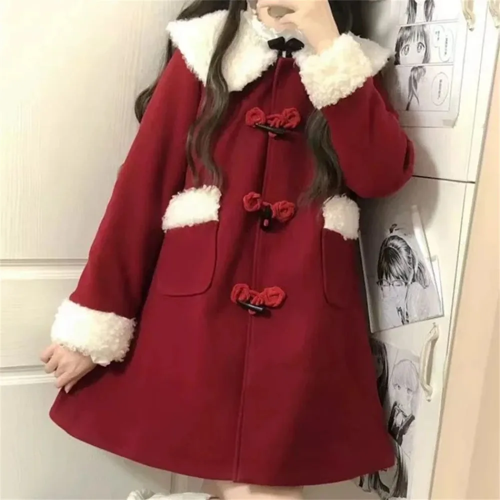 

Winter Women Loose Japanese Sweet Lolita Outwear Jacket Red Christmas Kawaii Wool Coat Female Korean Style Pockets Warm Overcoat