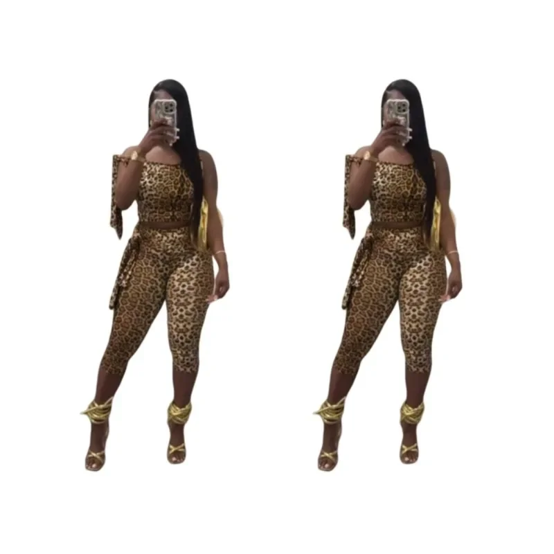 Leopard Print Lace Up Ribbon 2 Piece Set Women Wild Sexy Tank Crop Tops + High Waist Skinny Knee-length Pants Clubwear Suits