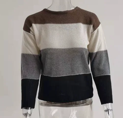 Imagen 2 del producto Otoño e Invierno de talla grande de Europa y Estados Unidos nuevo suéter informal de punto de manga larga con cuello redondo a rayas