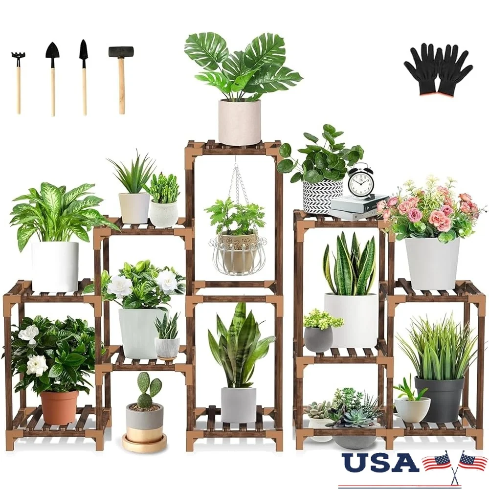 

Wood Plant Stand Indoor Outdoor 5 Tier Corner Shelf Multiple Plant Rack 10 Potted Storage Organizer Heavy Duty Carbonized Wood