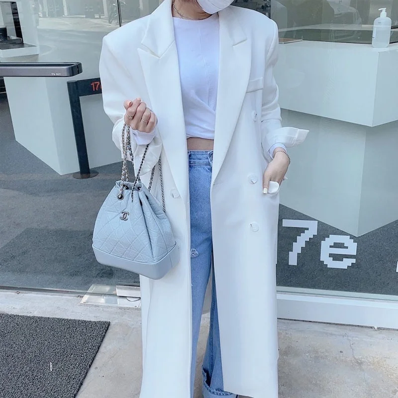 

Повседневный свободный женский пиджак в корейском стиле, удлиненное двубортное пальто с длинными рукавами, ветровка для работы